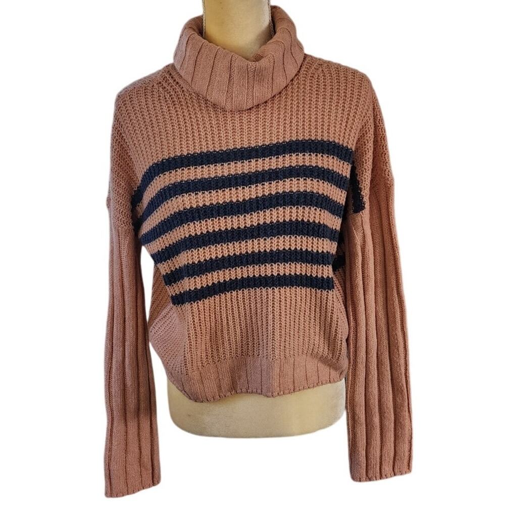So Pink Blue Striped Ribbed Pullover Turtle Neck Knit Sweater Small NWT
